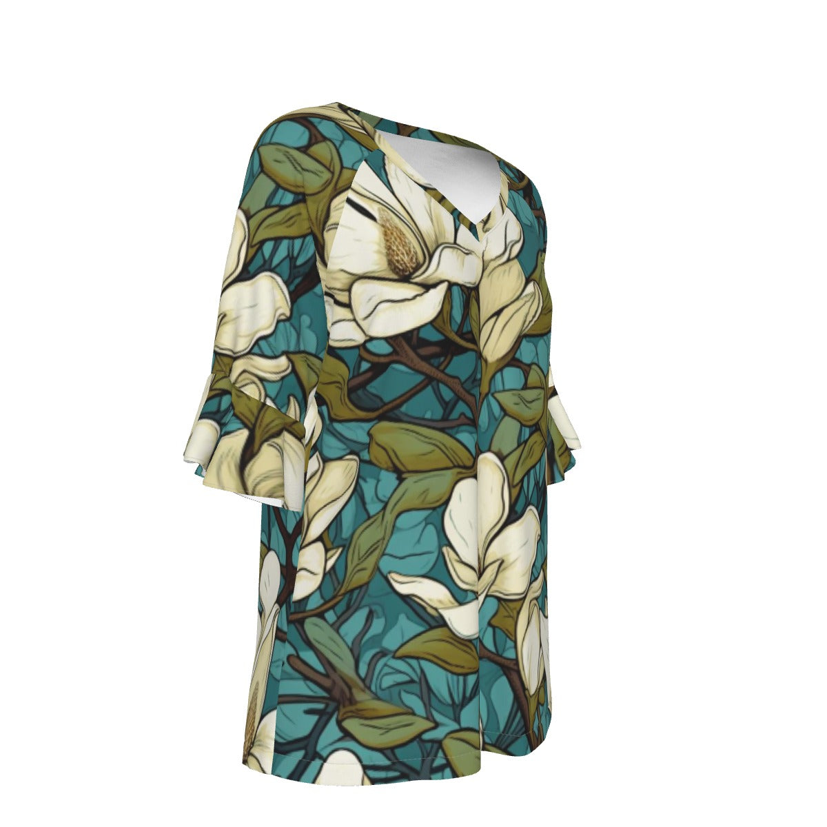 All-Over Print V-neck Women's T-shirt With Bell Sleeve