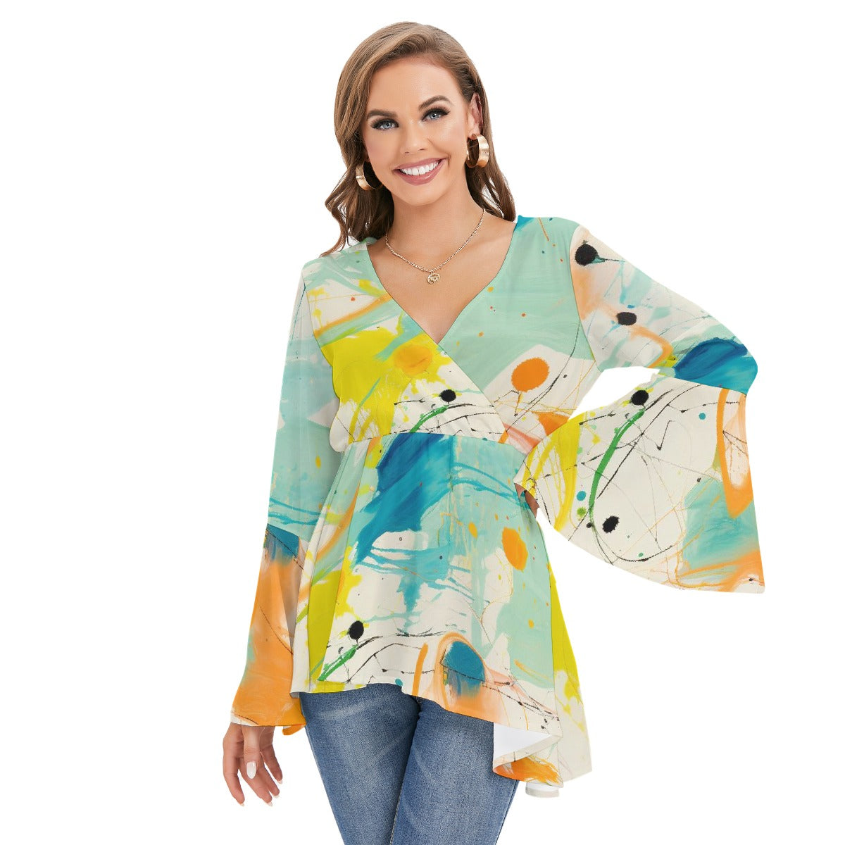 All-Over Print Women's V-neck Blouse With Flared Sleeves