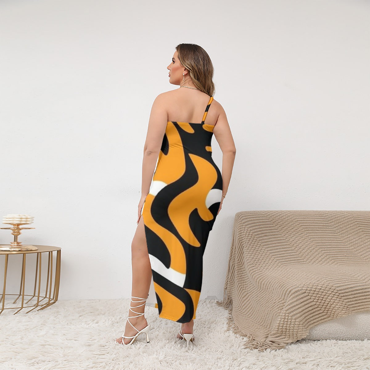 All-Over Print Women's Oblique-Shoulder Exposure Dress With Side Split (Plus Size)