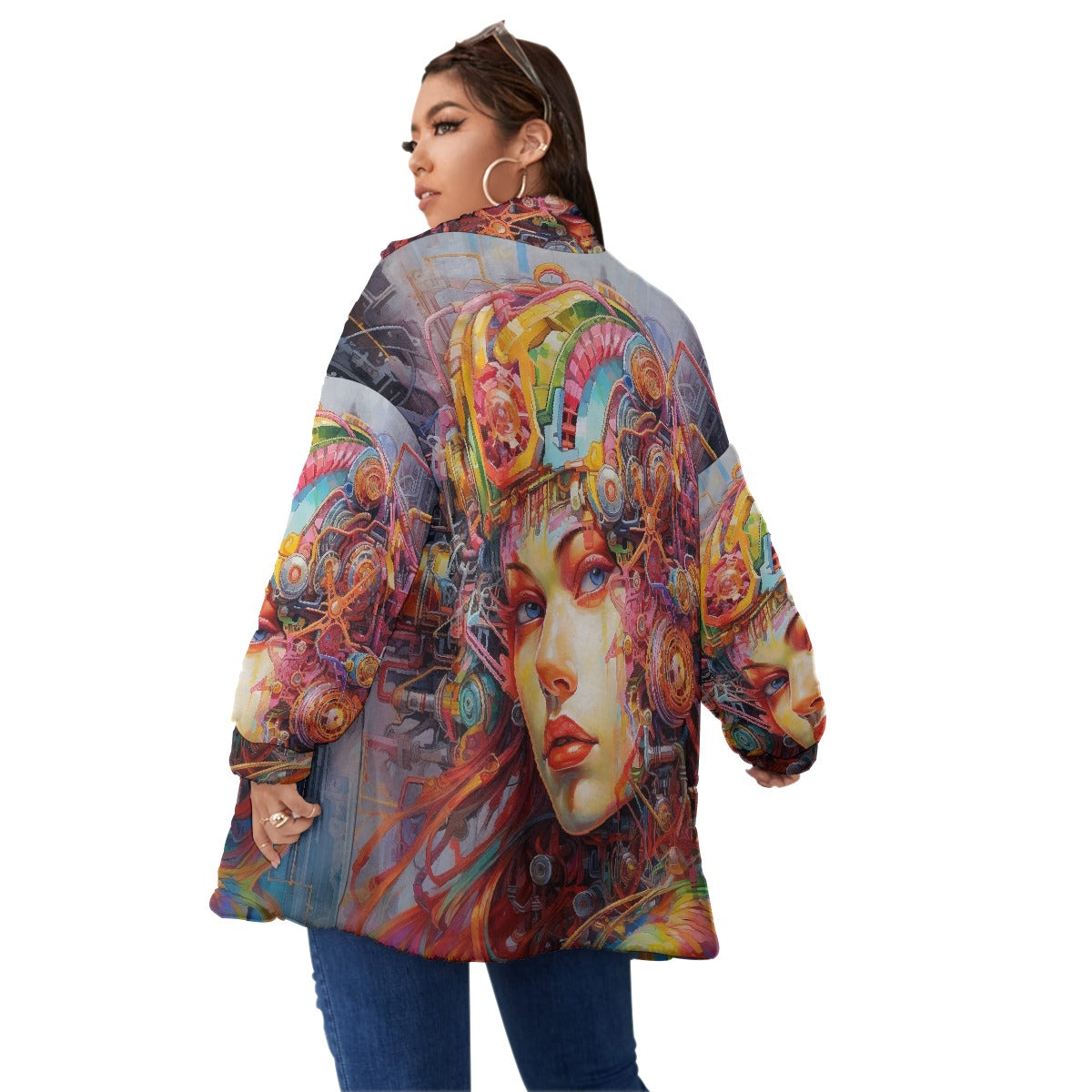 All-Over Print Unisex Borg Fleece Stand-up Collar Coat With Zipper Closure(Plus Size)