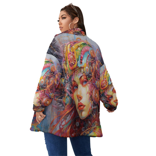 All-Over Print Unisex Borg Fleece Stand-up Collar Coat With Zipper Closure(Plus Size)