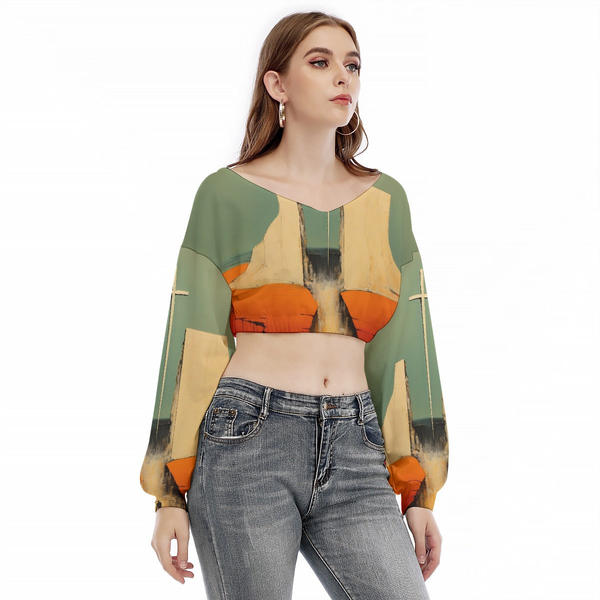 All-Over Print Women's V-neck Long Sleeve Cropped Sweatshirt