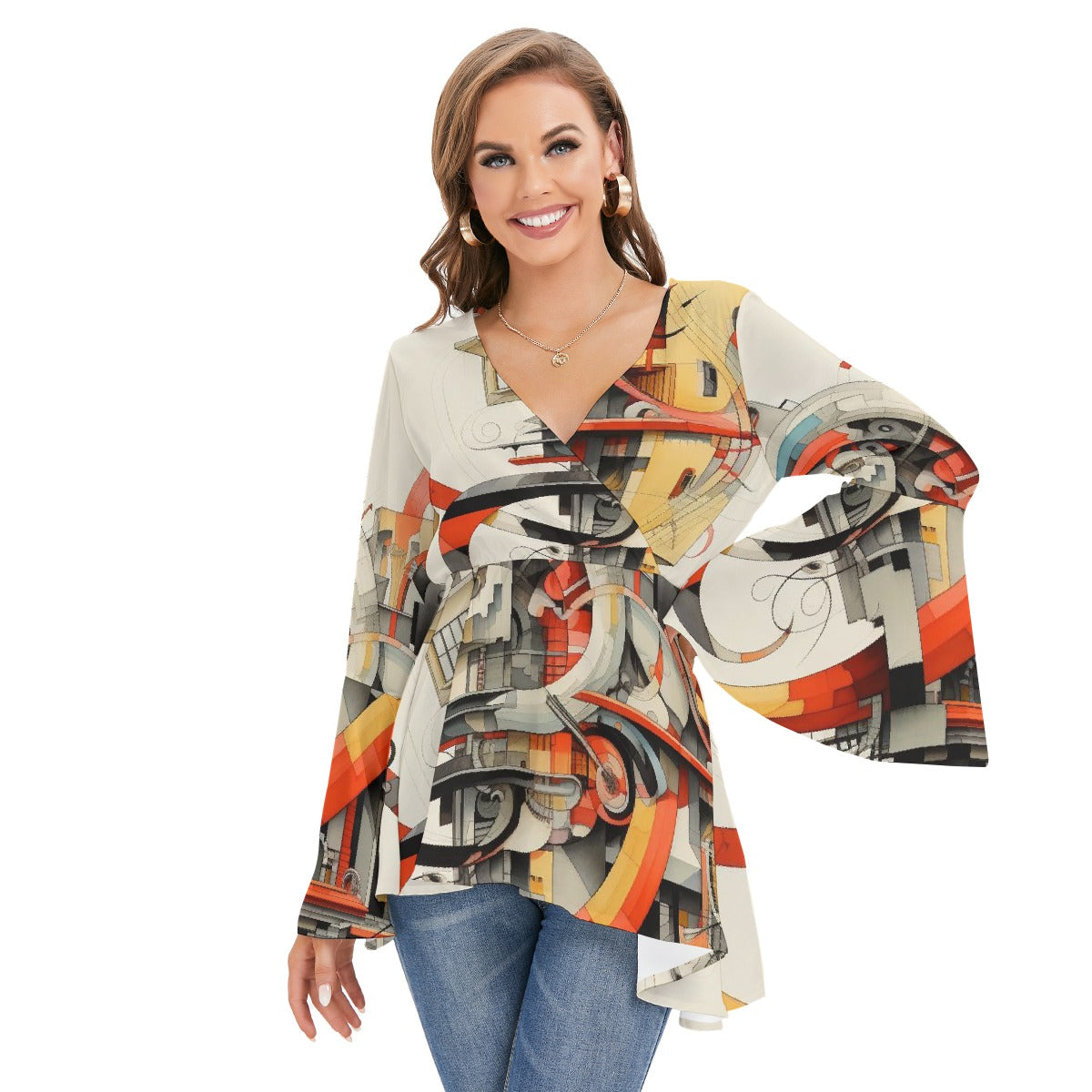 All-Over Print Women's V-neck Blouse With Flared Sleeves