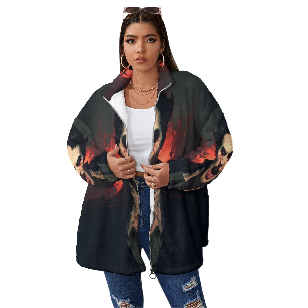 All-Over Print Unisex Borg Fleece Stand-up Collar Coat With Zipper Closure(Plus Size)