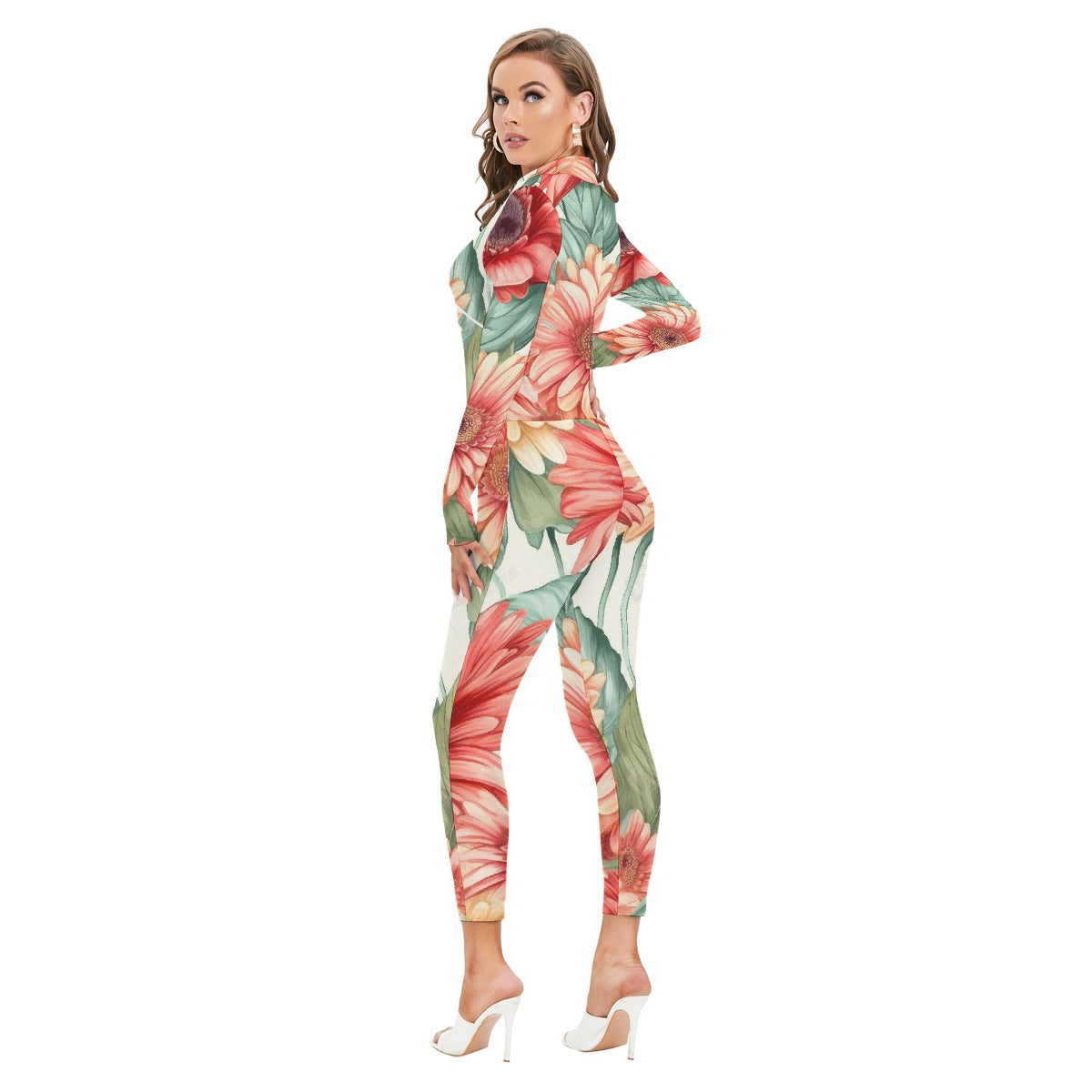All-Over Print Women's Long-sleeved High-neck Jumpsuit With Zipper