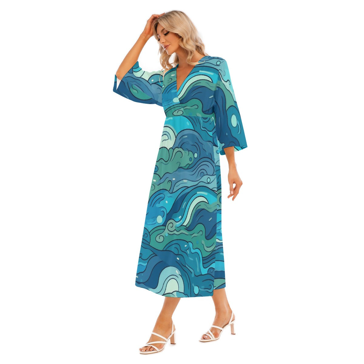 All-Over Print Women's Mid-Sleeve Long Dress