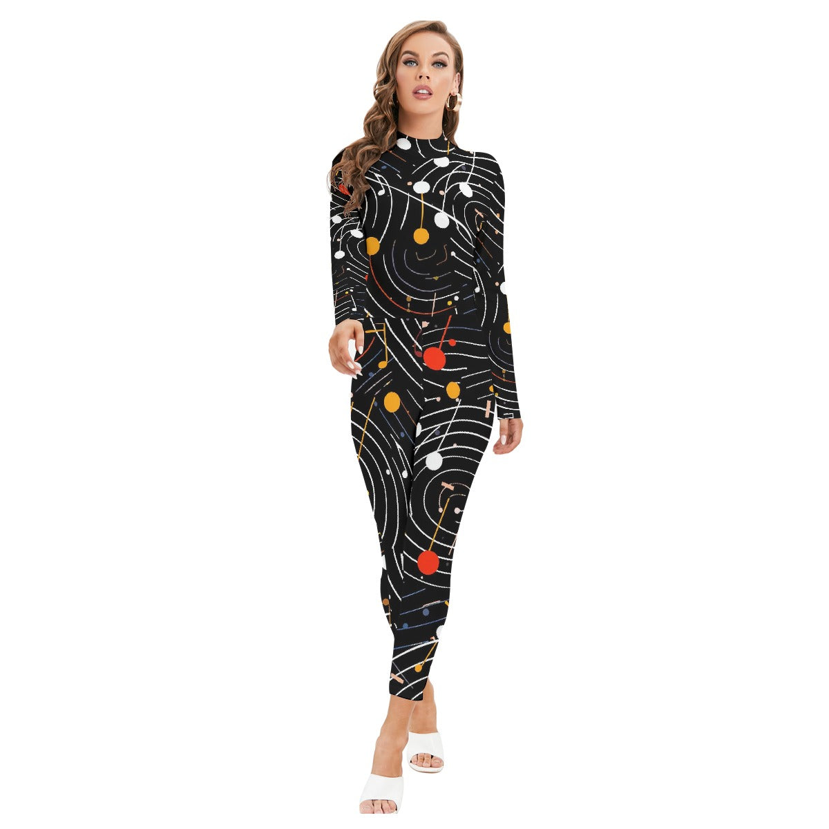 All-Over Print Women's Long-sleeved High-neck Jumpsuit With Zipper