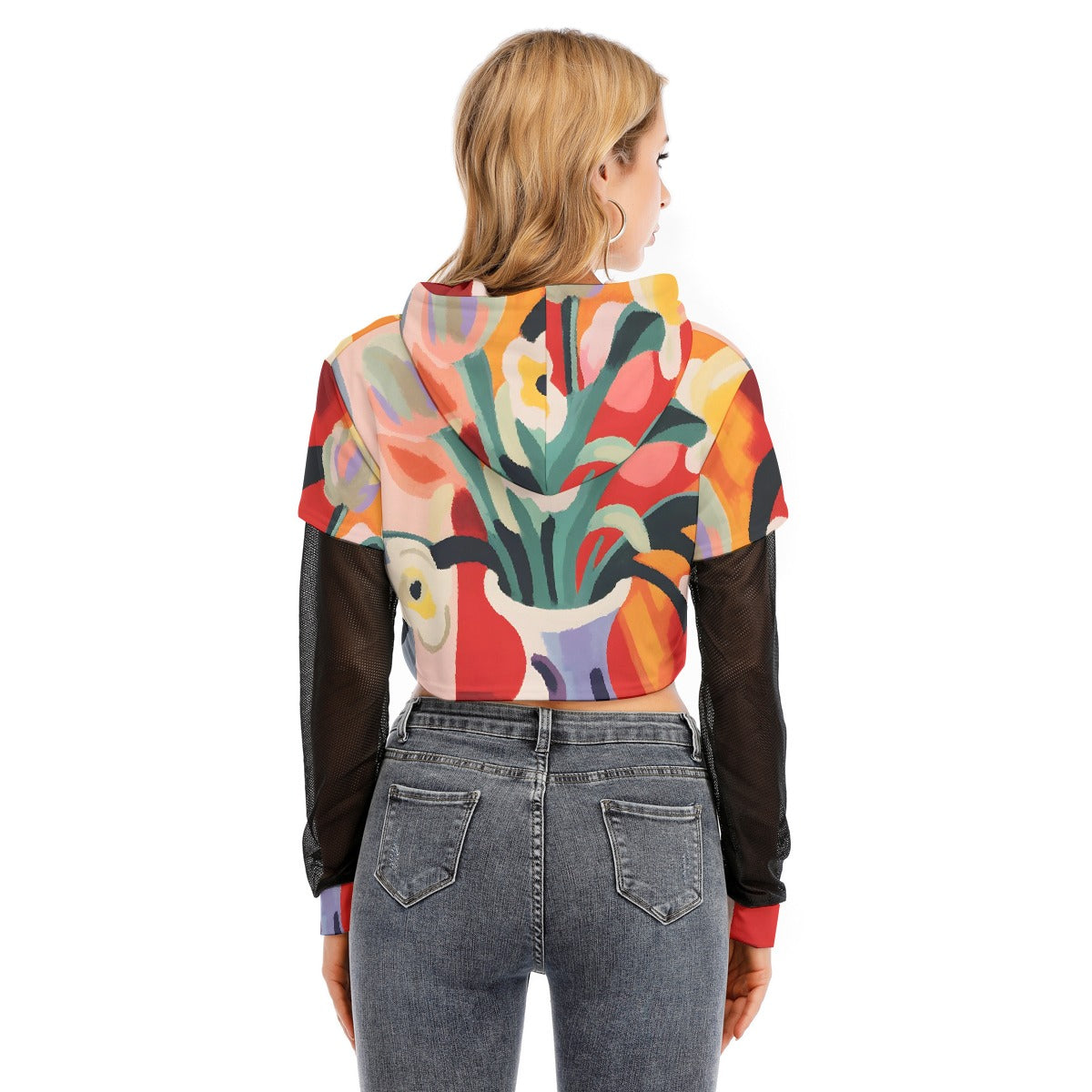 All-Over Print Women's Fake Two-piece Mesh Sleeve Cropped Hoodie