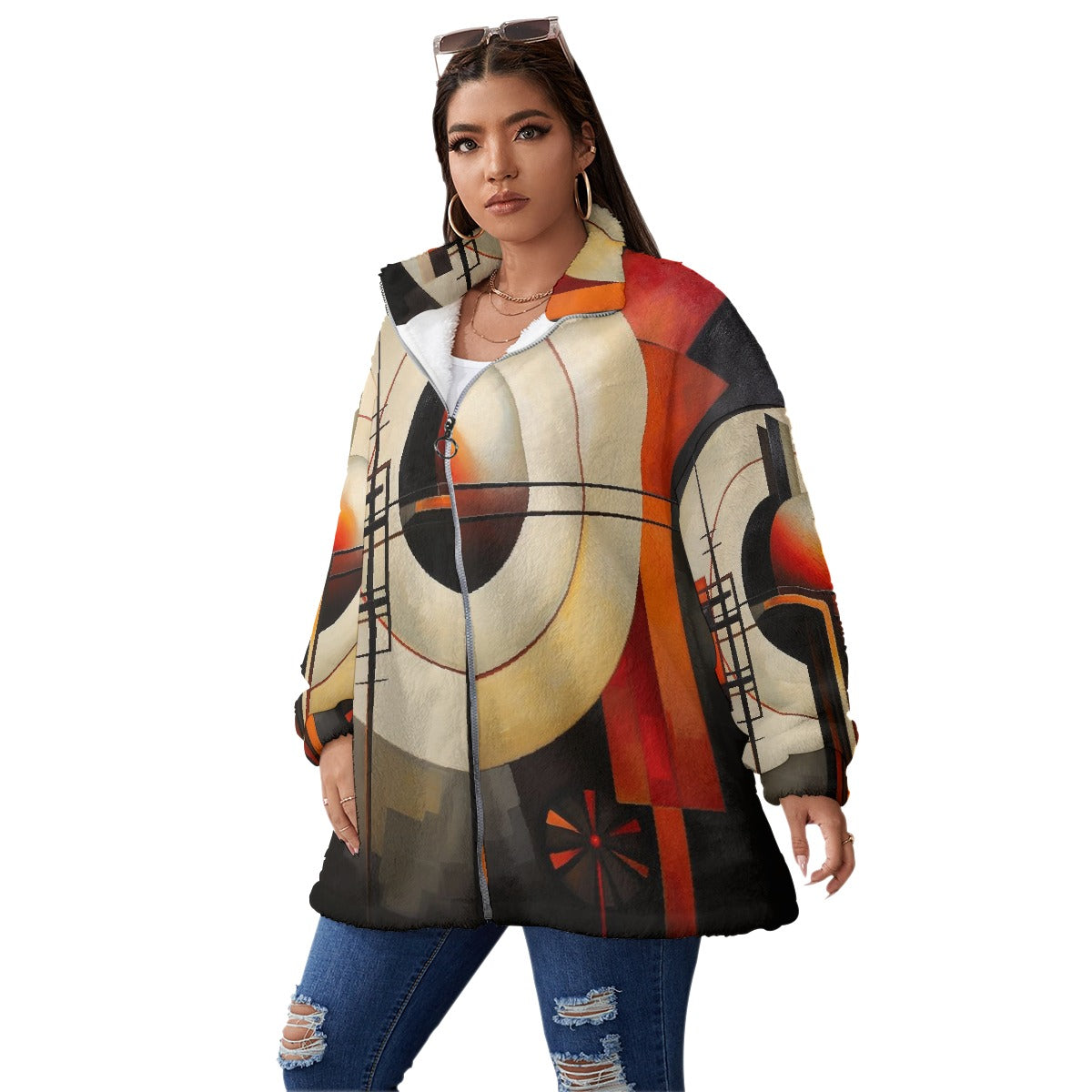 All-Over Print Unisex Borg Fleece Stand-up Collar Coat With Zipper Closure(Plus Size)