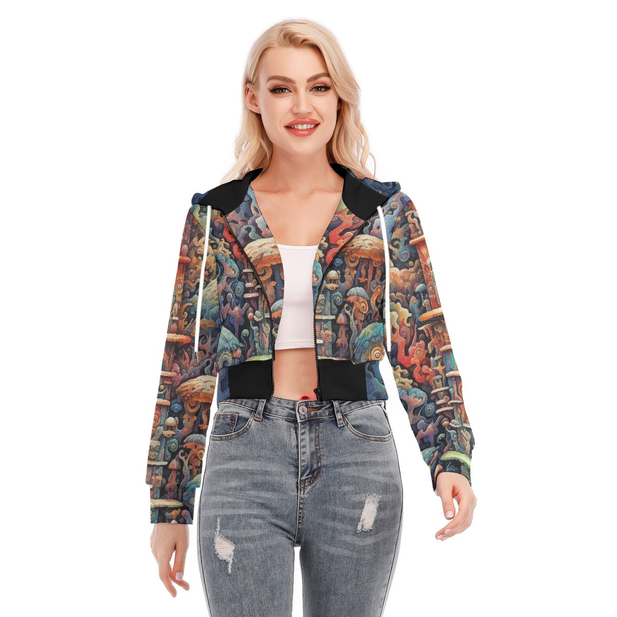 All-Over Print Women's Crop Top Hoodie With Zipper Closure