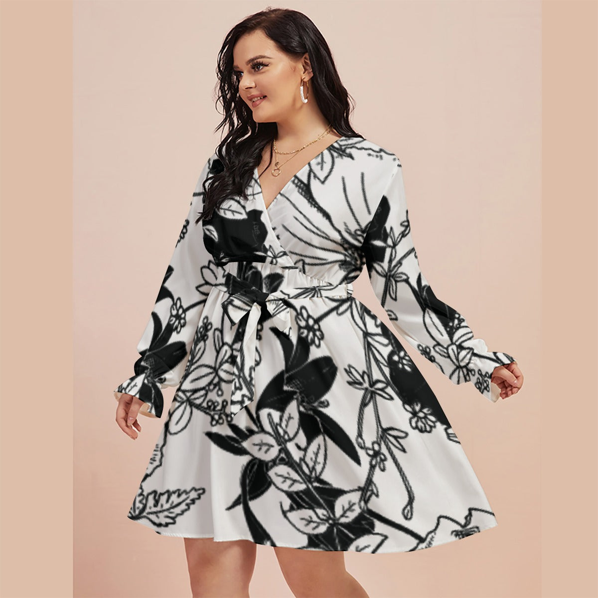 All-Over Print Women's V-neck Dress With Waistband(Plus Size)