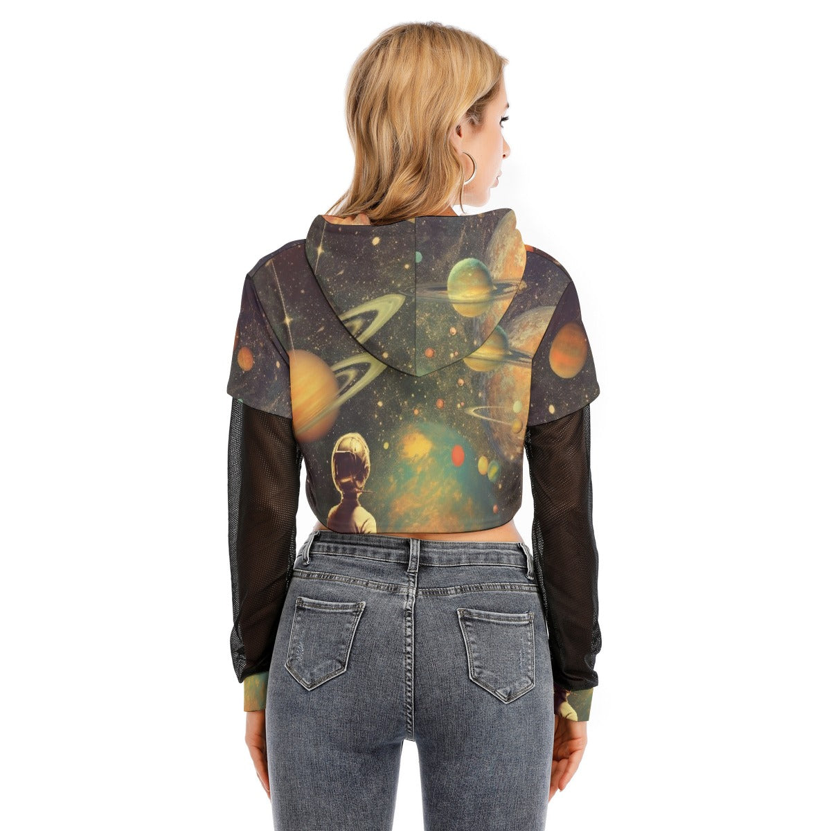 All-Over Print Women's Fake Two-piece Mesh Sleeve Cropped Hoodie
