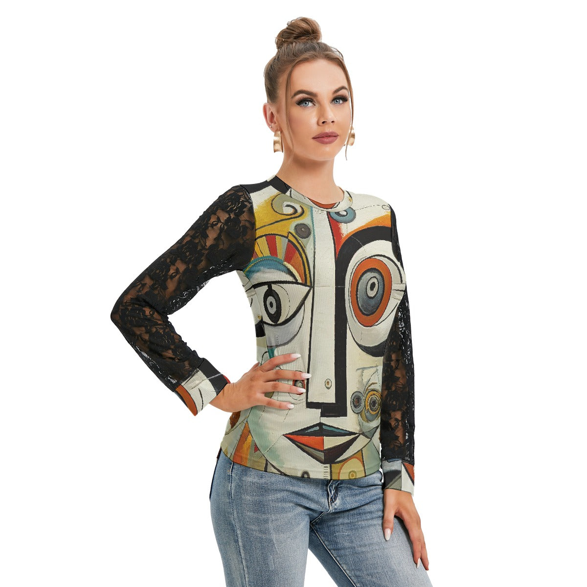 All-Over Print Women's T-shirt And Sleeve With Black Lace