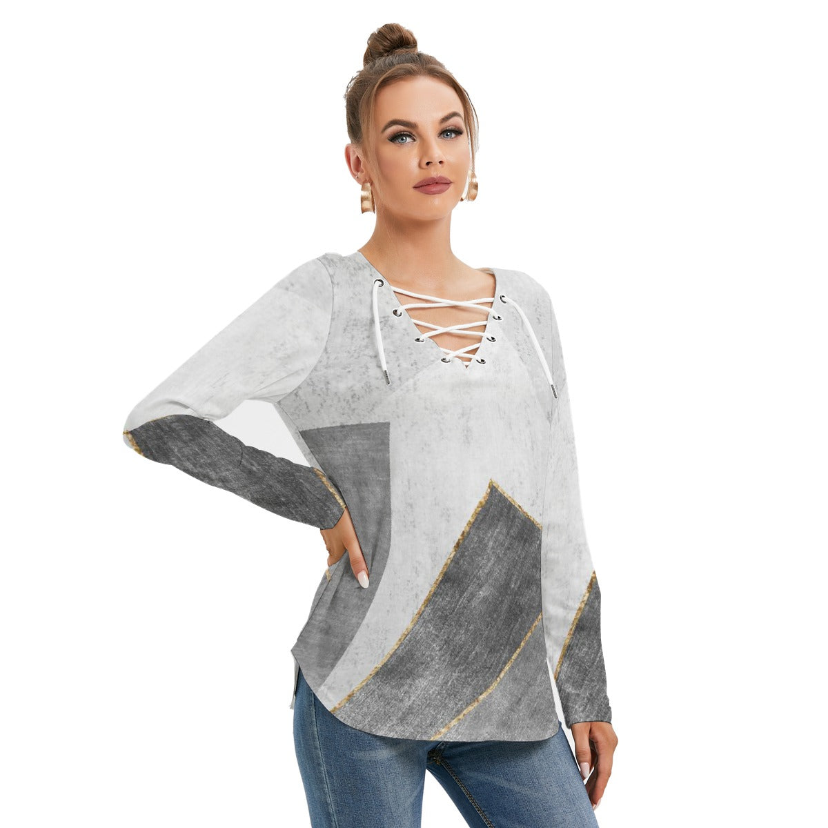 All-Over Print Women's Long Sleeve Neckline Tie Sweatshirt