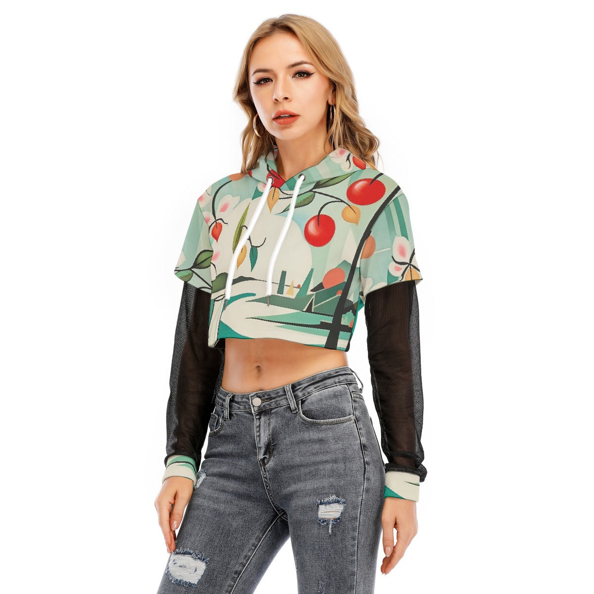 All-Over Print Women's Fake Two-piece Mesh Sleeve Cropped Hoodie
