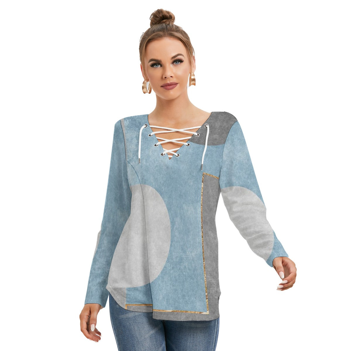All-Over Print Women's Long Sleeve Neckline Tie Sweatshirt