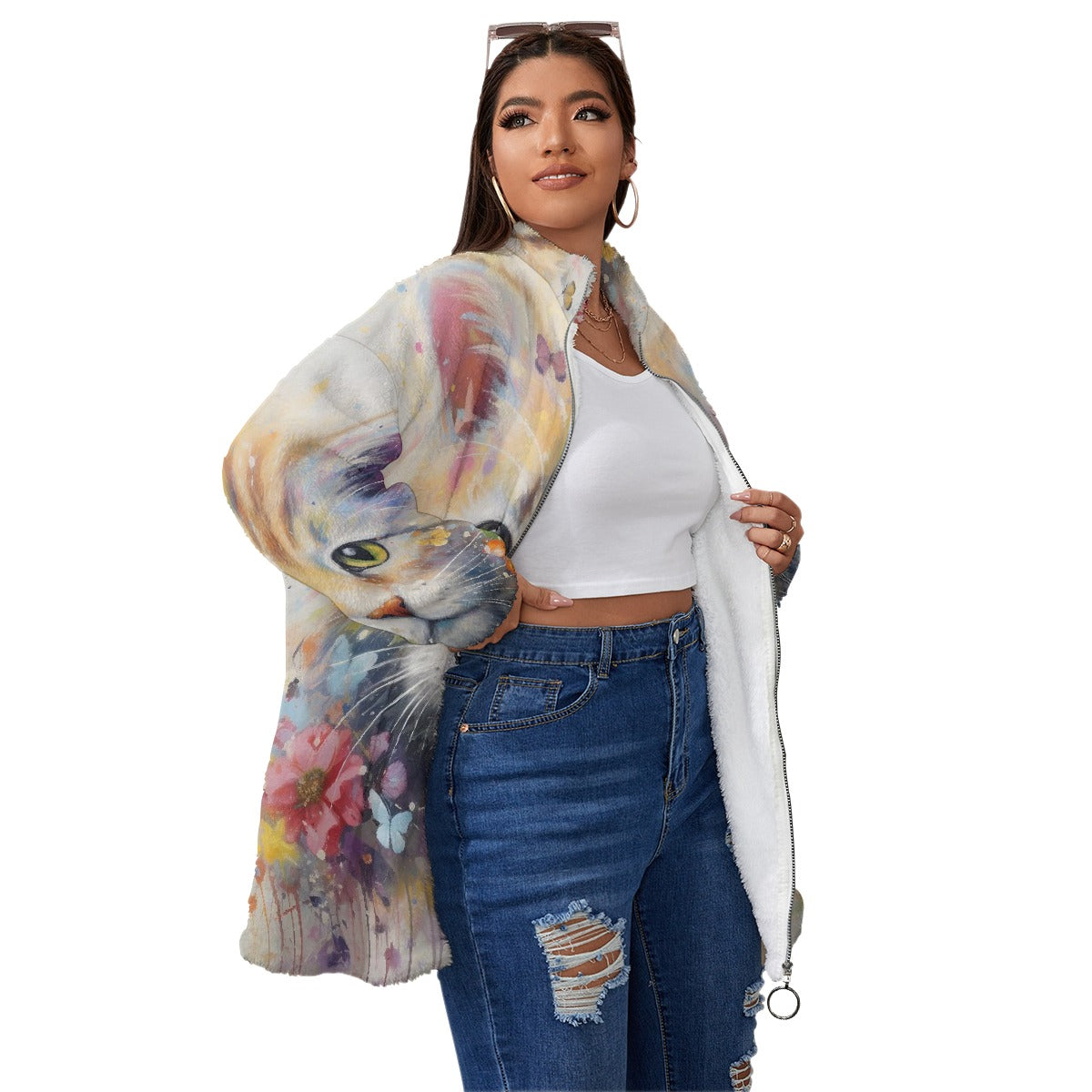 All-Over Print Unisex Borg Fleece Stand-up Collar Coat With Zipper Closure(Plus Size)