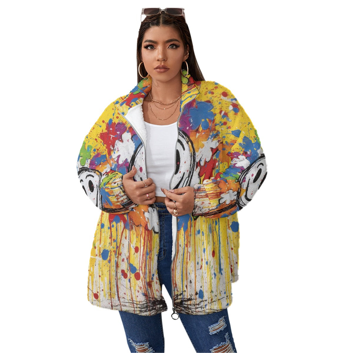 All-Over Print Unisex Borg Fleece Stand-up Collar Coat With Zipper Closure(Plus Size)