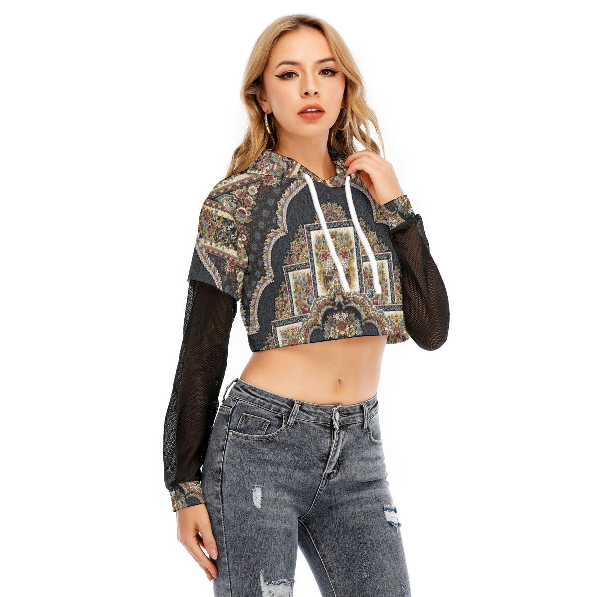 All-Over Print Women's Fake Two-piece Mesh Sleeve Cropped Hoodie