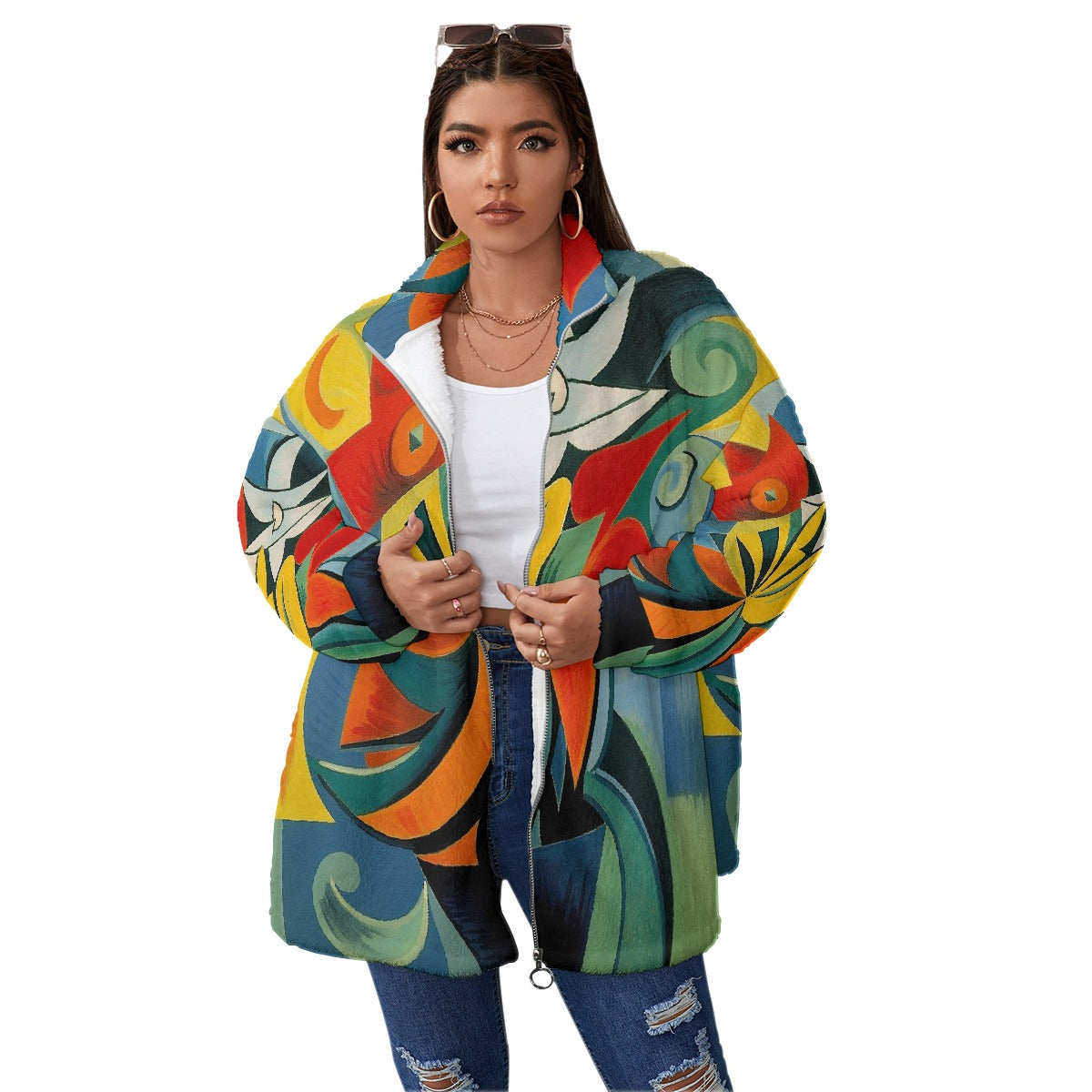 All-Over Print Unisex Borg Fleece Stand-up Collar Coat With Zipper Closure(Plus Size)
