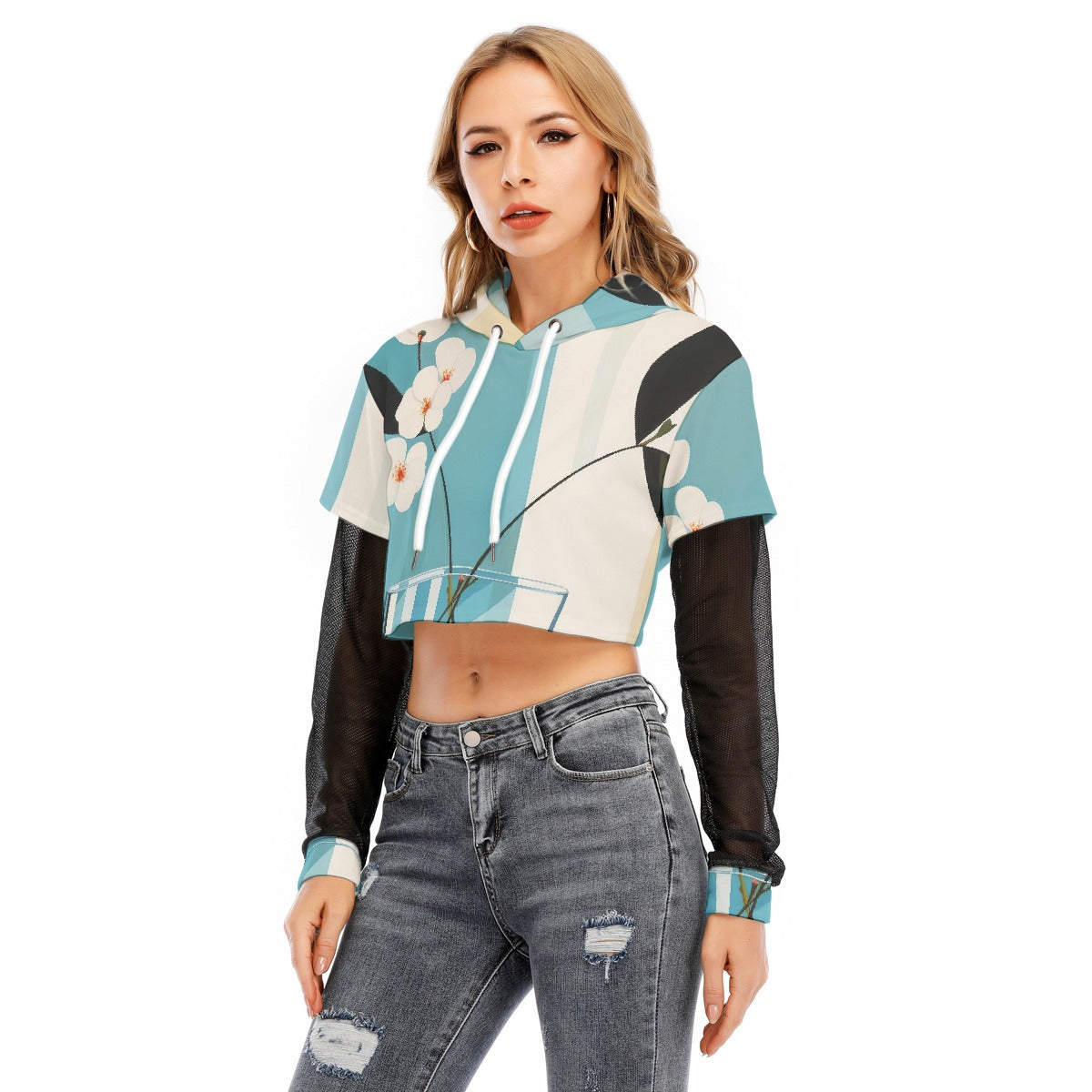 All-Over Print Women's Fake Two-piece Mesh Sleeve Cropped Hoodie