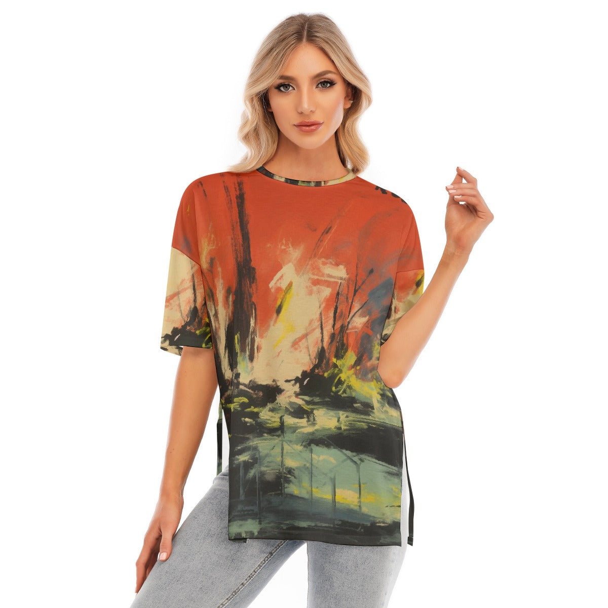 All-Over Print Women's Short Sleeves T-shirt With Hem Split