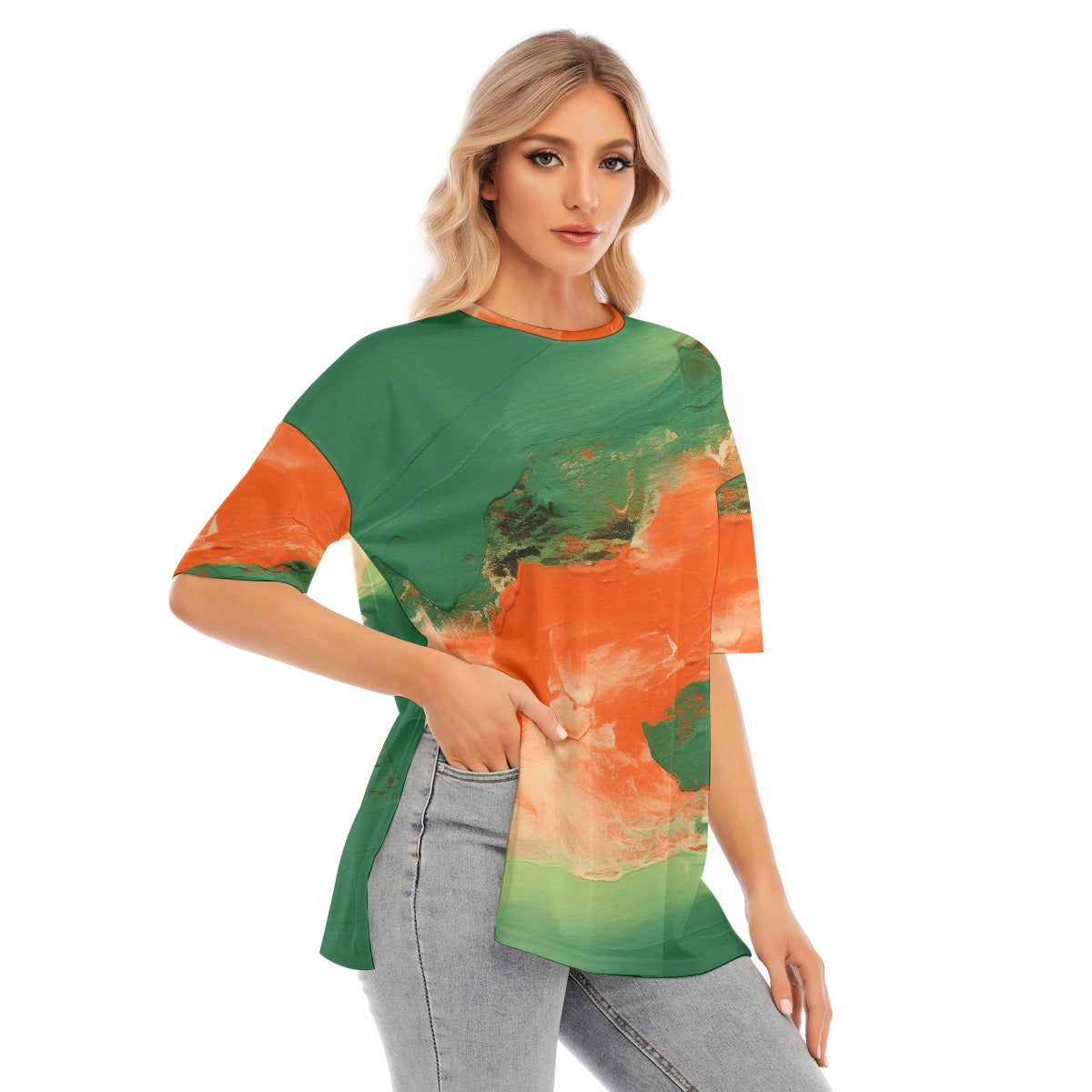 All-Over Print Women's Short Sleeves T-shirt With Hem Split