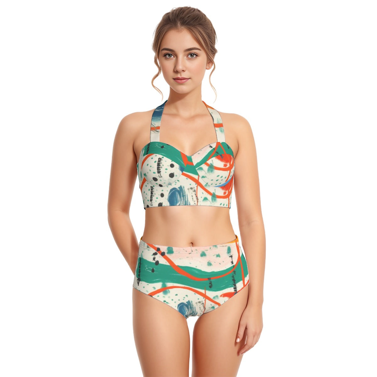 All-Over Print Women's Swimsuit Set With Halter