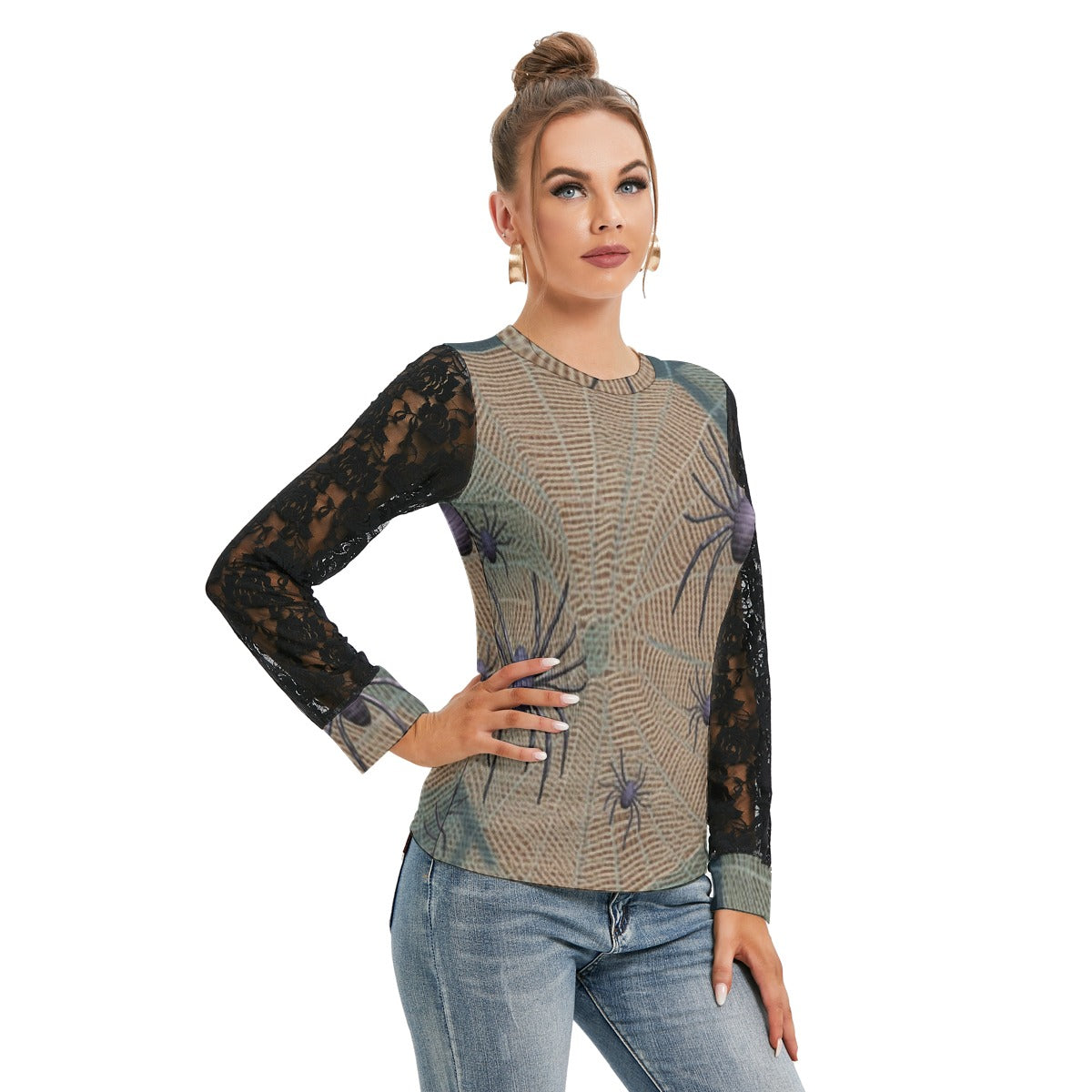 All-Over Print Women's T-shirt And Sleeve With Black Lace