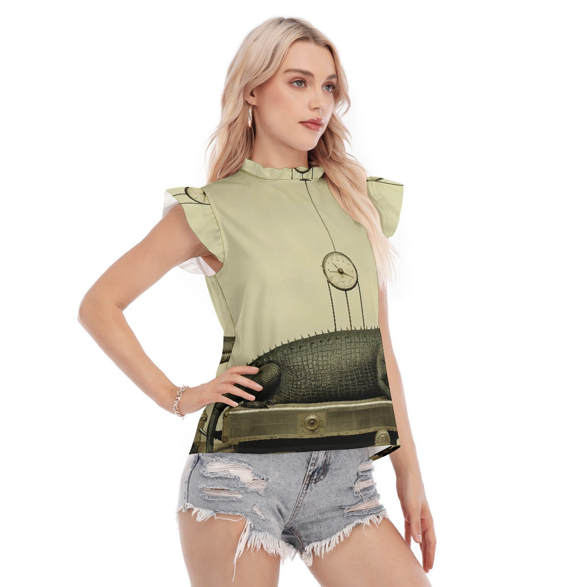 All-Over Print Women's Blouse With Ruffle Collar And Sleeve