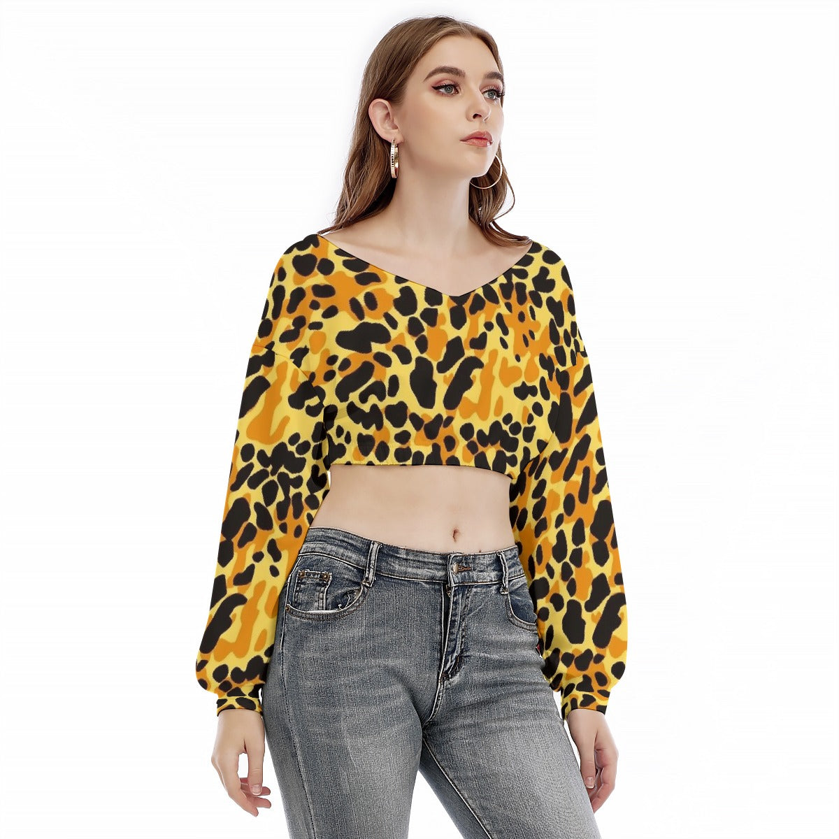 All-Over Print Women's V-neck Long Sleeve Cropped Sweatshirt