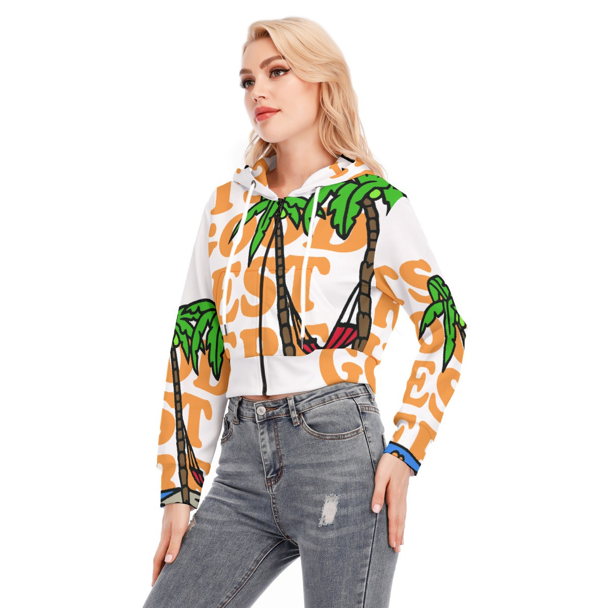 All-Over Print Women's Crop Top Hoodie With Zipper Closure