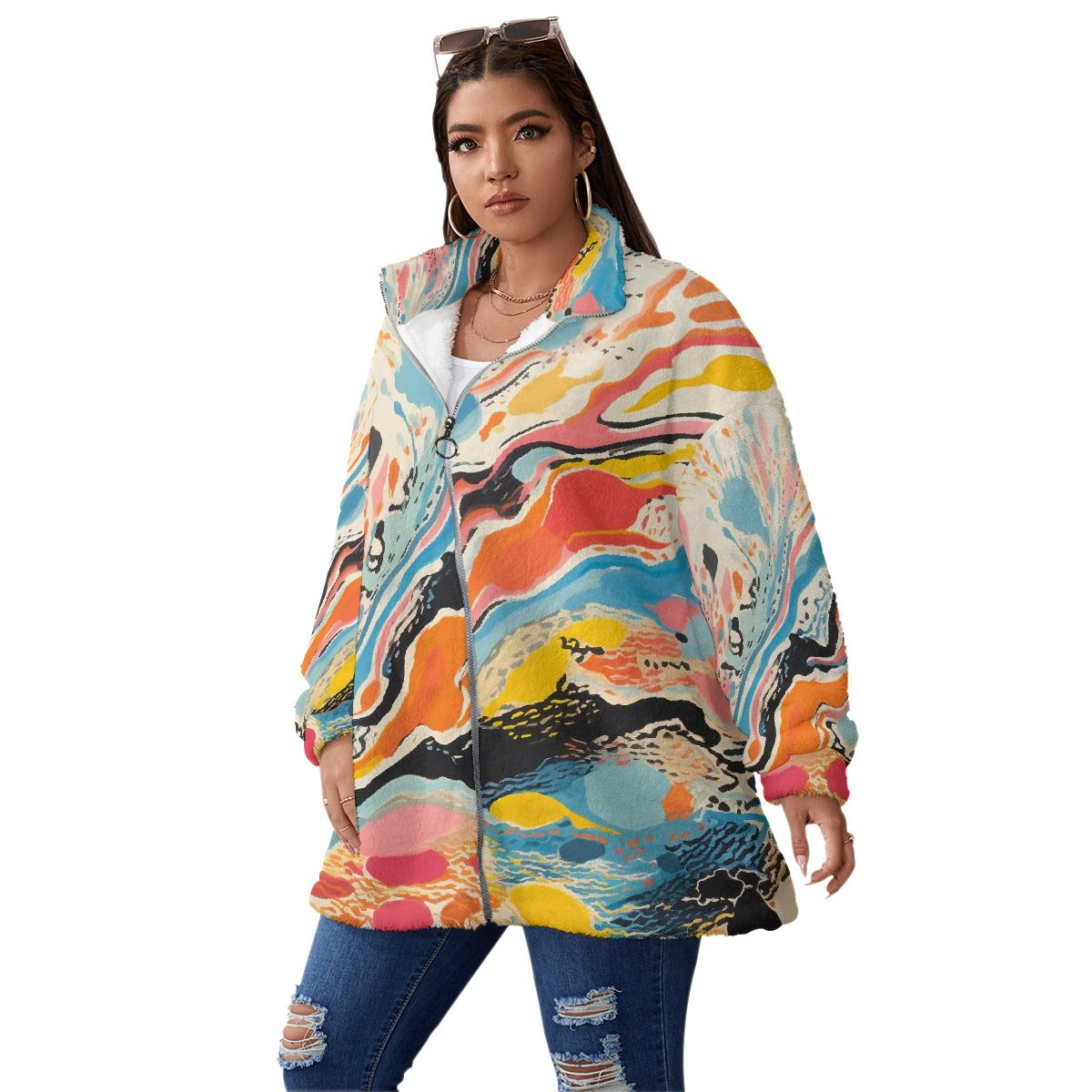 All-Over Print Unisex Borg Fleece Stand-up Collar Coat With Zipper Closure(Plus Size)
