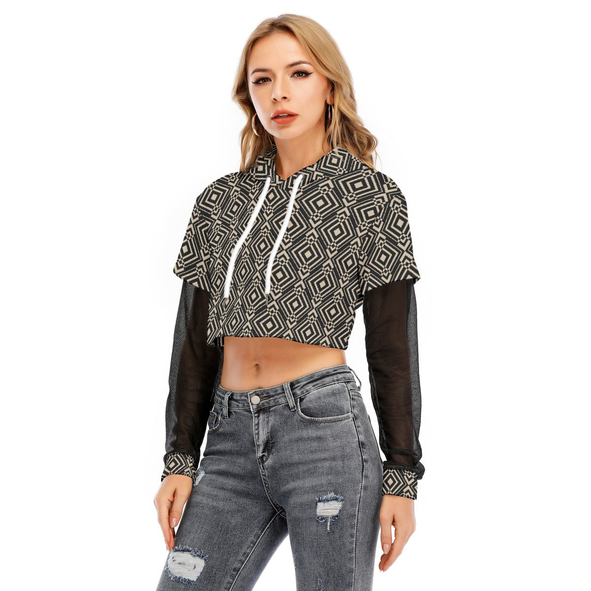 All-Over Print Women's Fake Two-piece Mesh Sleeve Cropped Hoodie