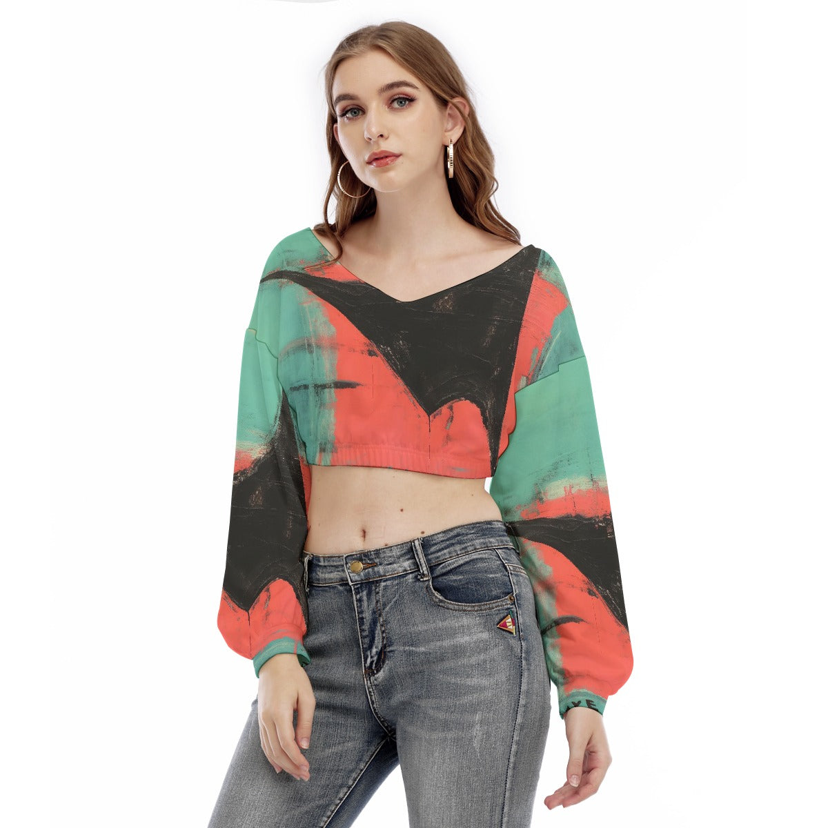 All-Over Print Women's V-neck Long Sleeve Cropped Sweatshirt