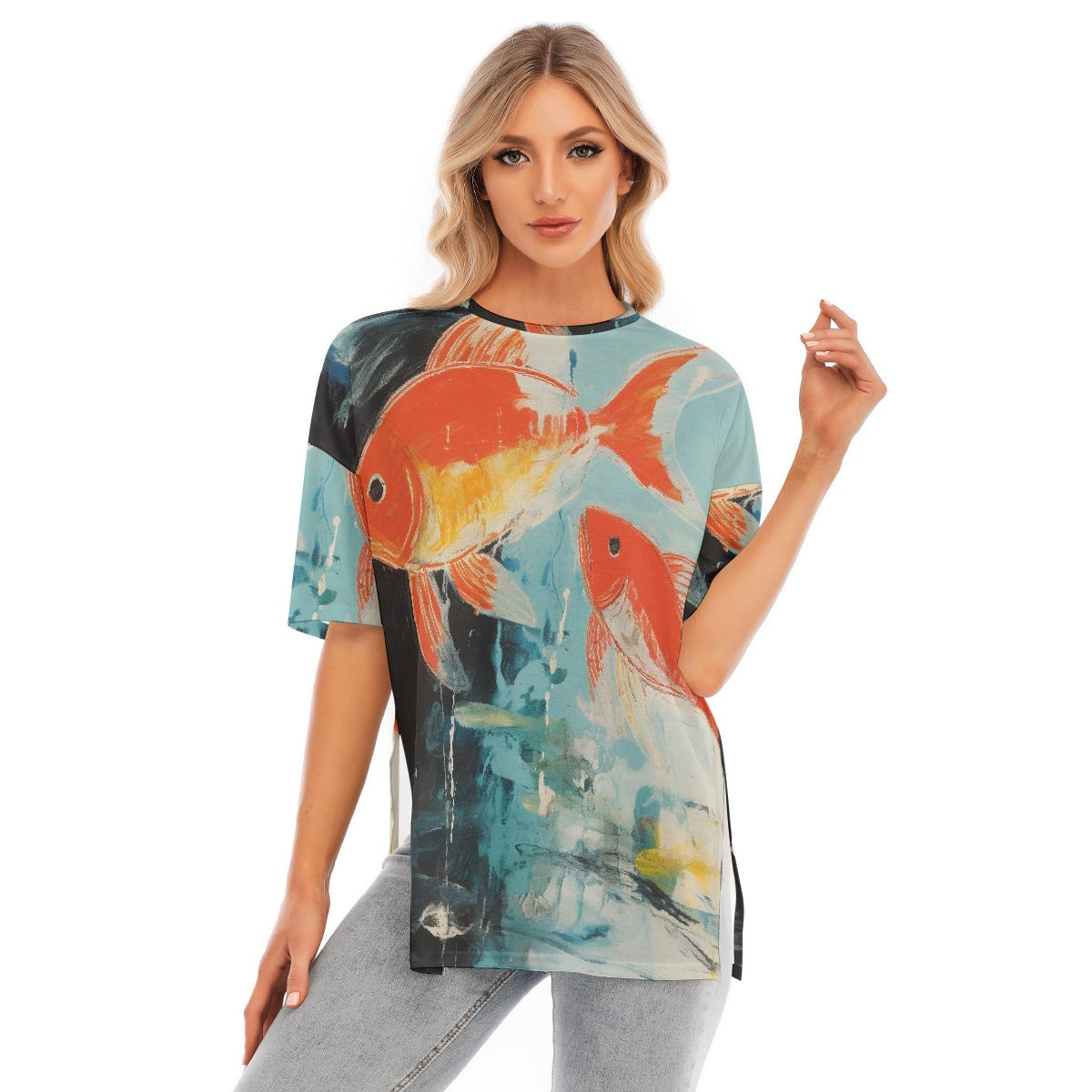 All-Over Print Women's Short Sleeves T-shirt With Hem Split
