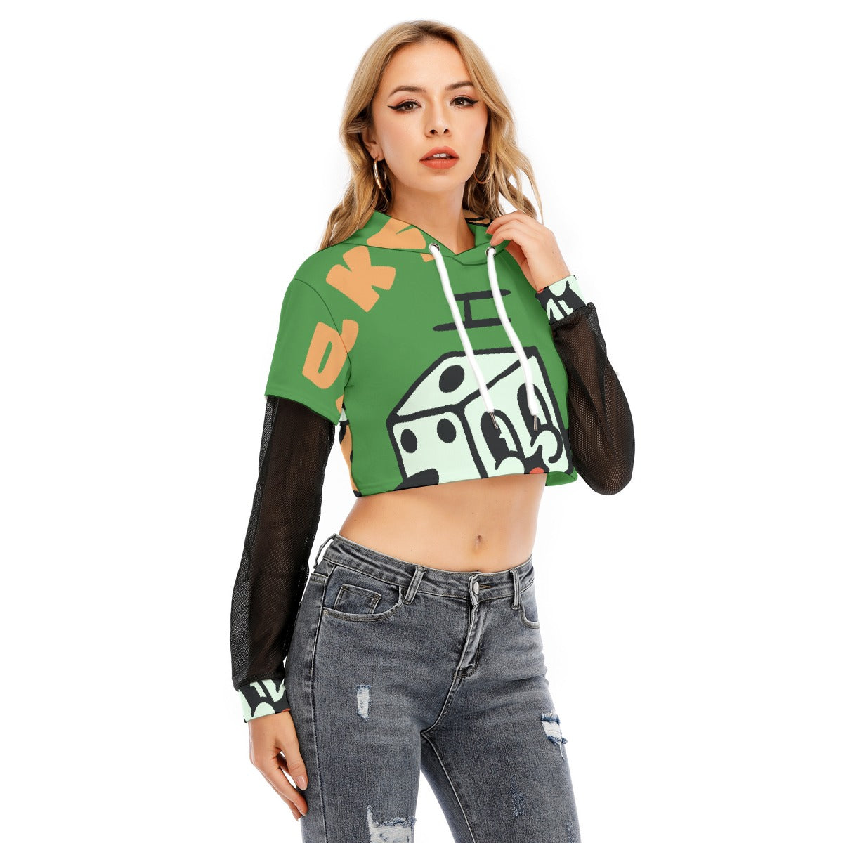 All-Over Print Women's Fake Two-piece Mesh Sleeve Cropped Hoodie