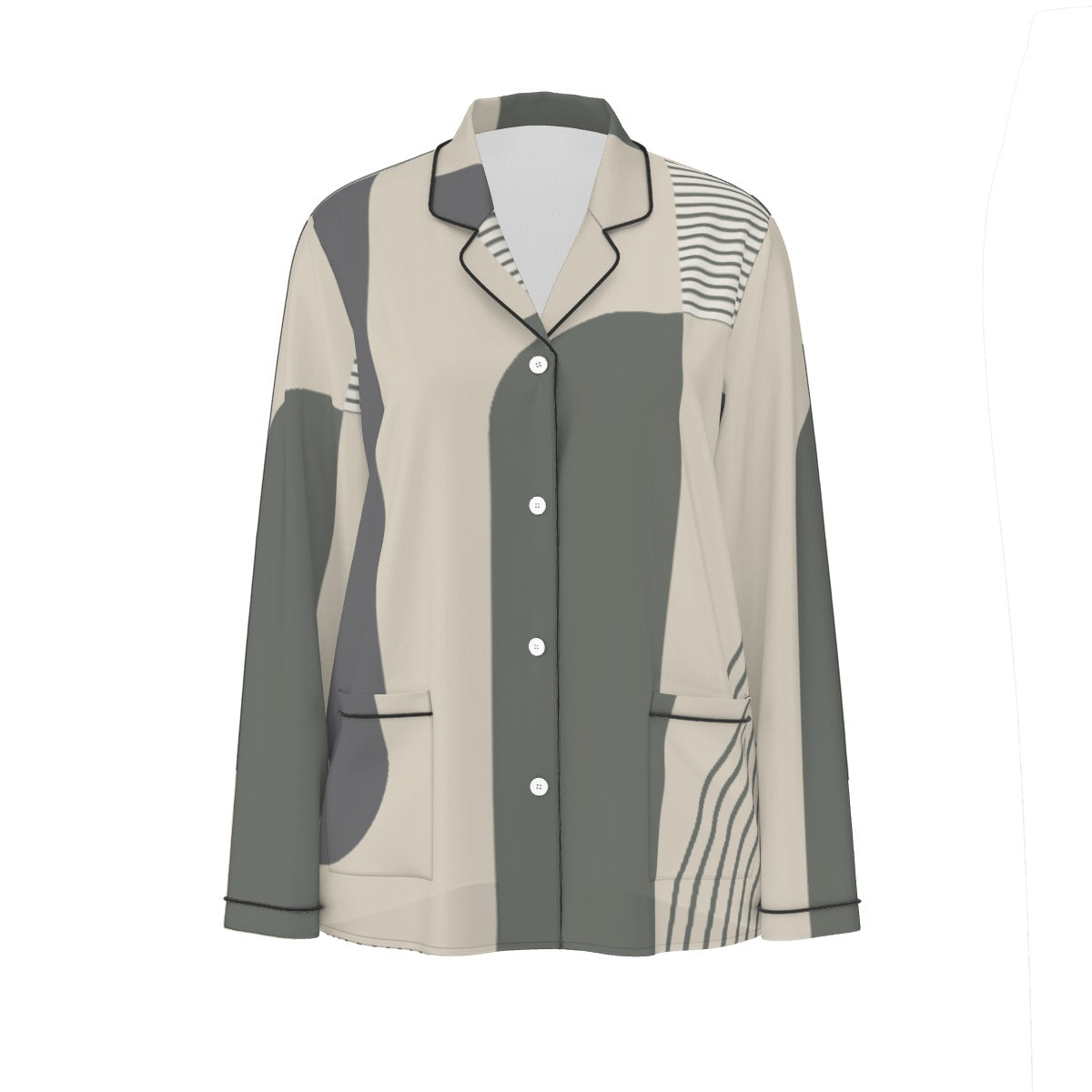 All-Over Print Women's Long Sleeve Pajama Set With Black Contrast Piping