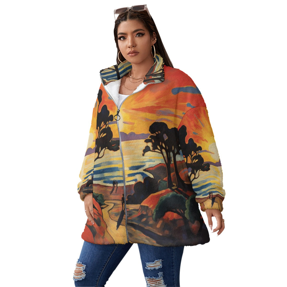 All-Over Print Unisex Borg Fleece Stand-up Collar Coat With Zipper Closure(Plus Size)