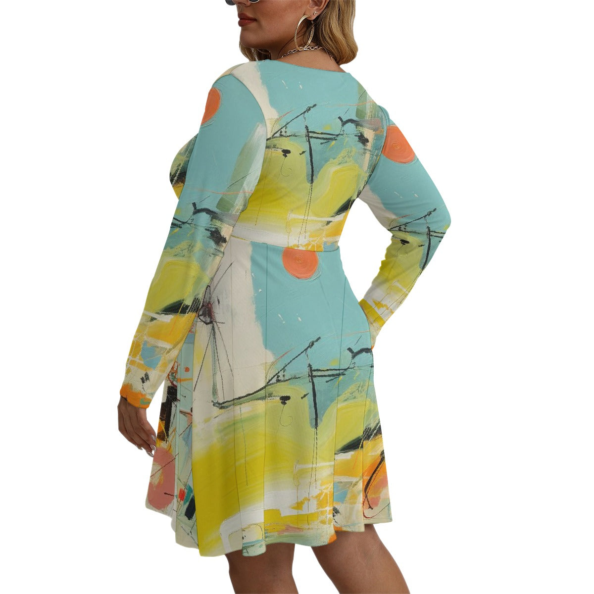 All-Over Print Women's V-neck Long Sleeve Dress(Plus Size)