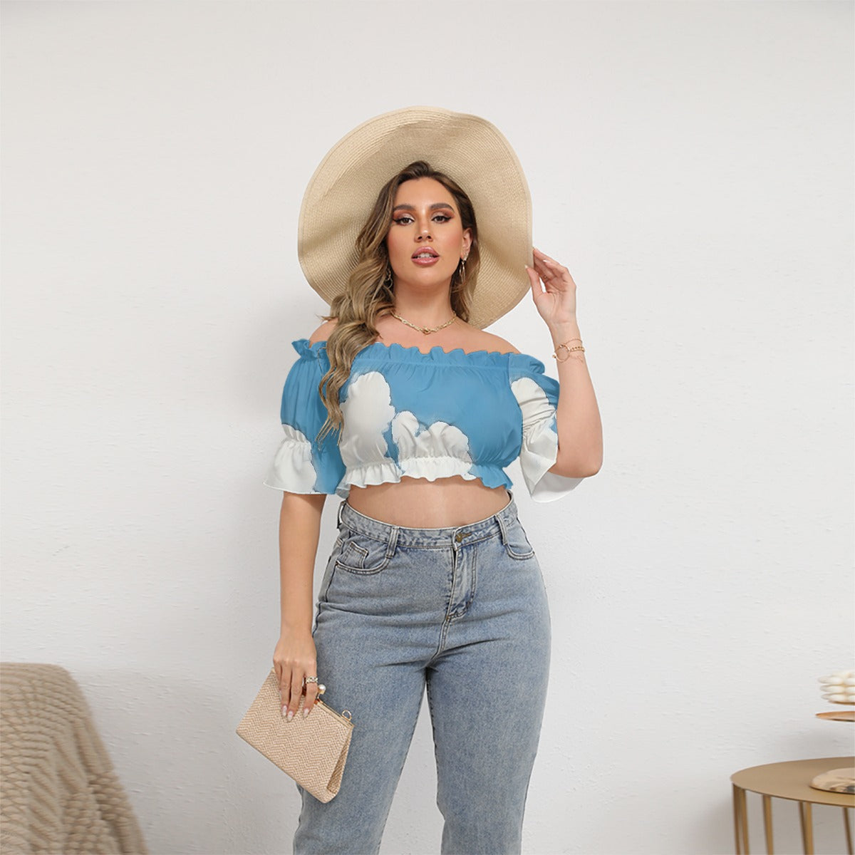 All-Over Print Women's Off-shoulder Cropped Top With Short Puff Sleeve