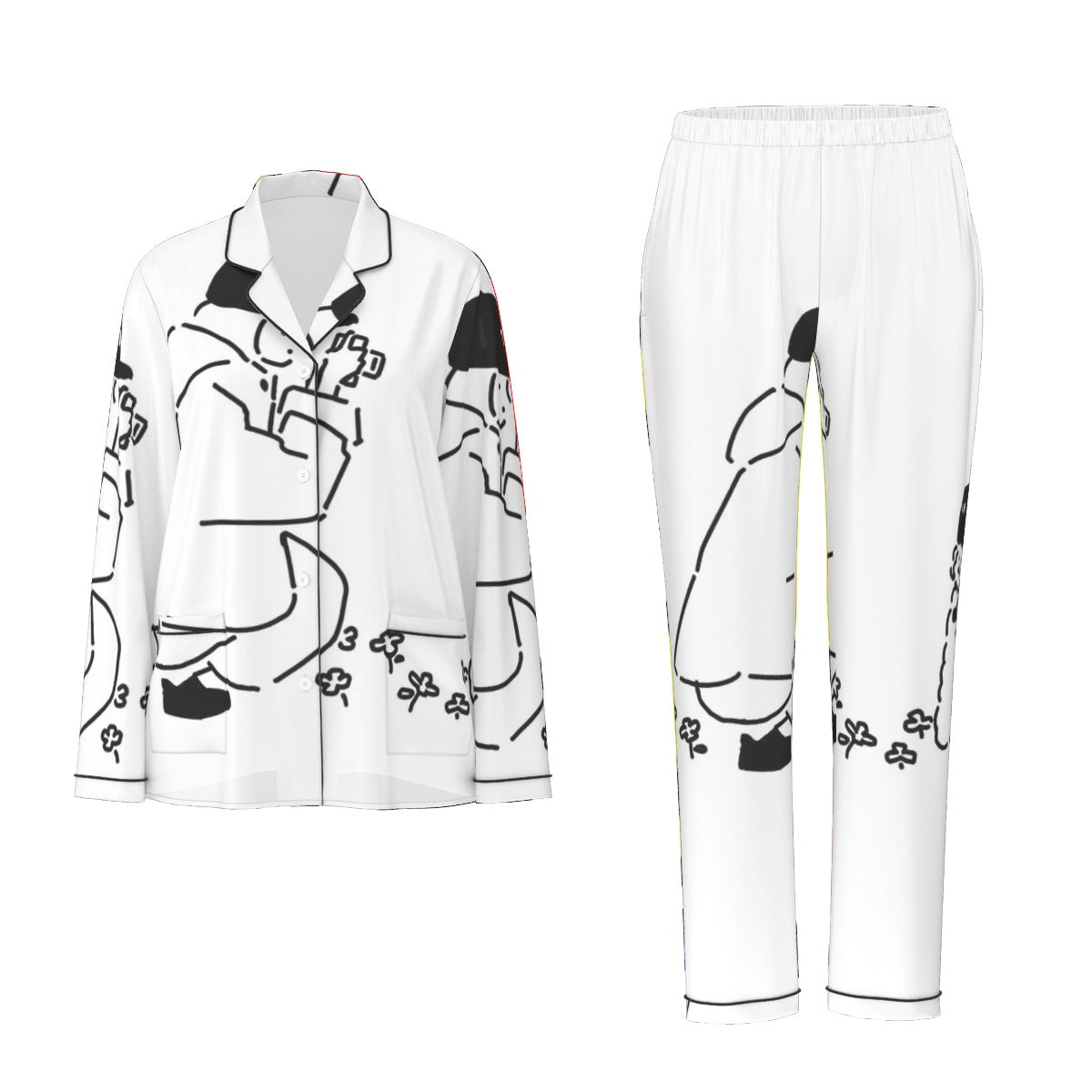 All-Over Print Women's Long Sleeve Pajama Set With Black Contrast Piping