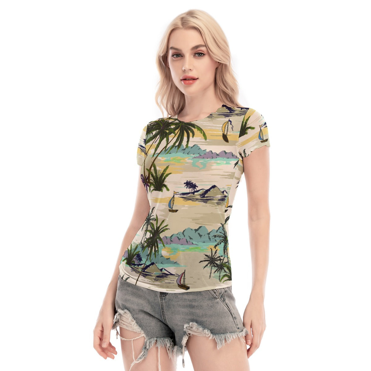 All-Over Print Women's Short Sleeve Mesh Blouse