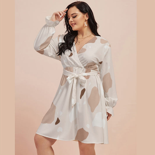 All-Over Print Women's V-neck Dress With Waistband(Plus Size)