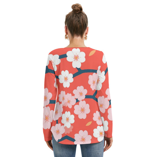 All-Over Print Women's Long Sleeve Neckline Tie Sweatshirt
