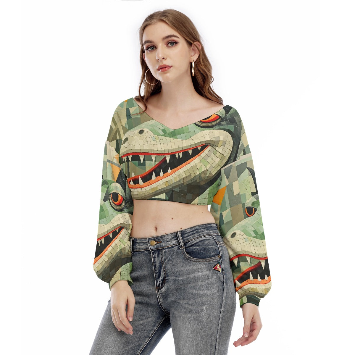 All-Over Print Women's V-neck Long Sleeve Cropped Sweatshirt