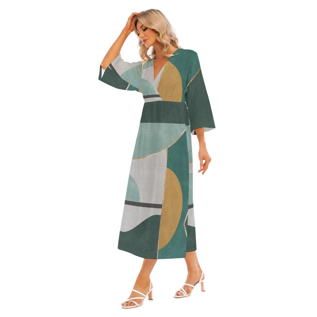 All-Over Print Women's Mid-Sleeve Long Dress