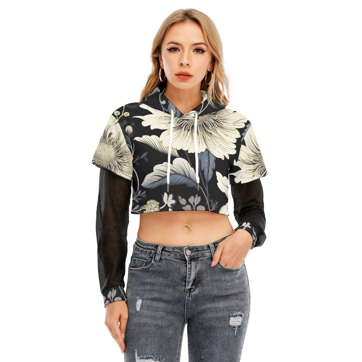 All-Over Print Women's Fake Two-piece Mesh Sleeve Cropped Hoodie