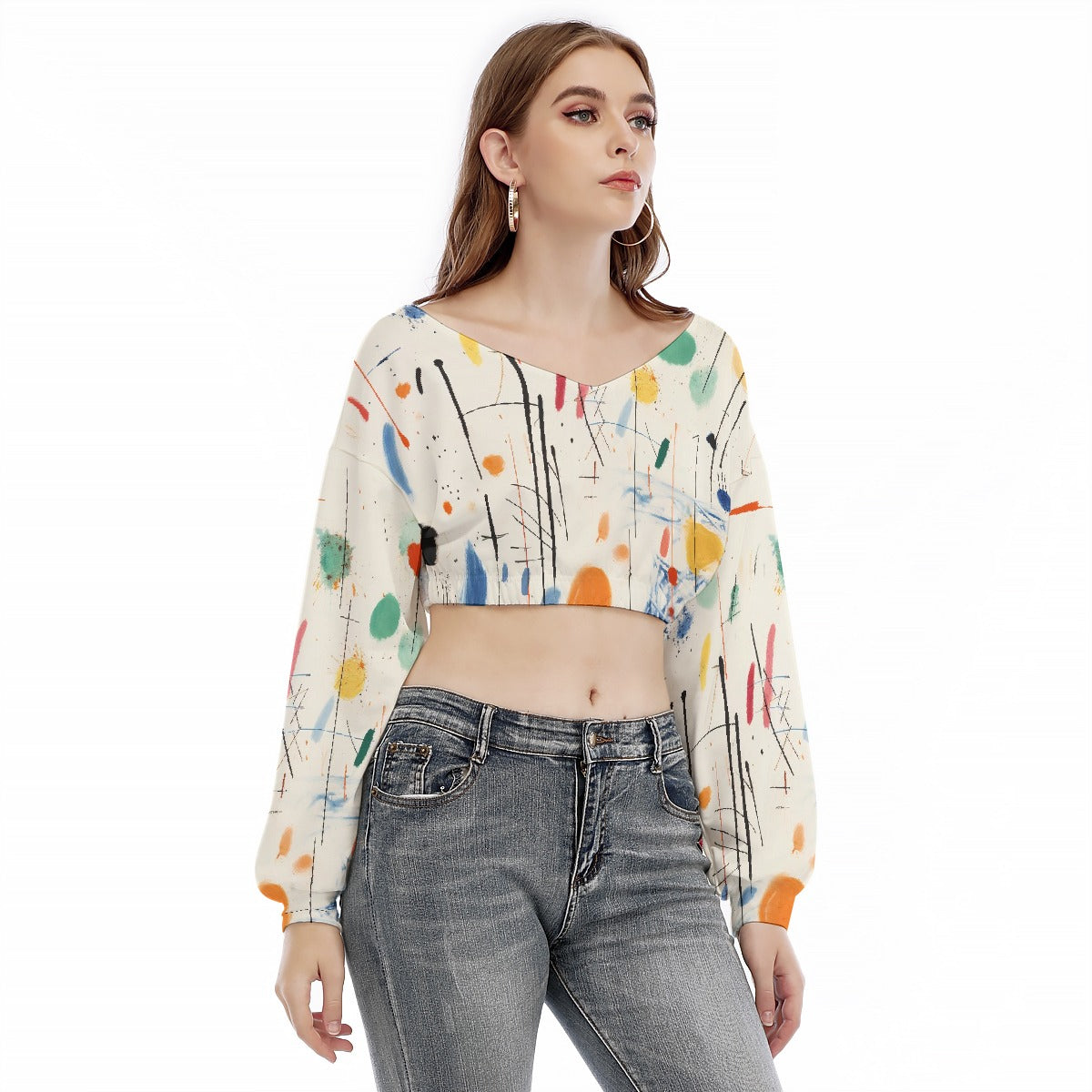All-Over Print Women's V-neck Long Sleeve Cropped Sweatshirt