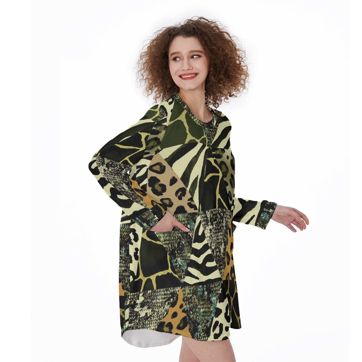 All-Over Print Women's Casual Loose Long Sleeve Dress With Pocket